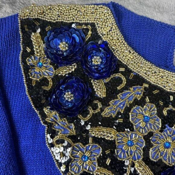 VTG Victoria Harbour Sweater Tunic Shirt Women's Size M Royal Blue Beaded Sequin - Picture 7 of 13